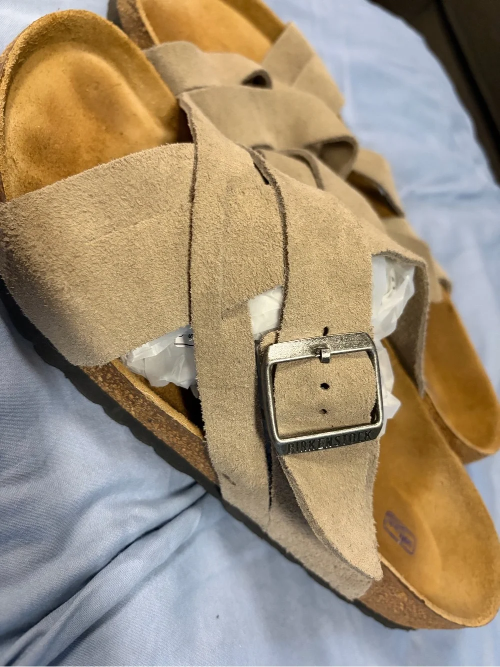 Birkenstock Taupe Lugano Suede Crisscross Buckle Sandals